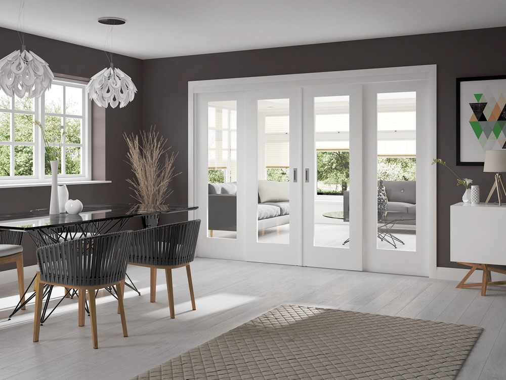 White Primed Easi-Slide Room Divider Door System with White Primed Pattern 10 (CLEAR GLASS DOORS) - XL