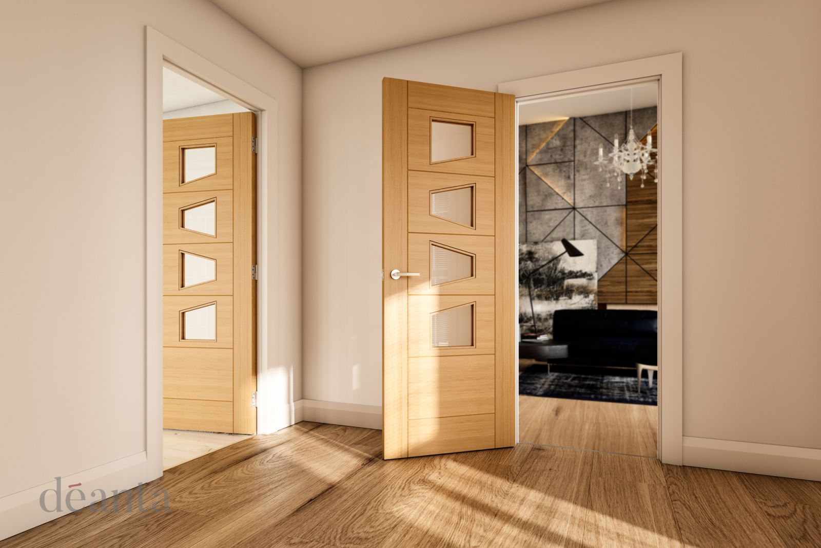 Oak Seville 4L Slanted (CLEAR GLASS) Pre Finished Internal Door - Image 2