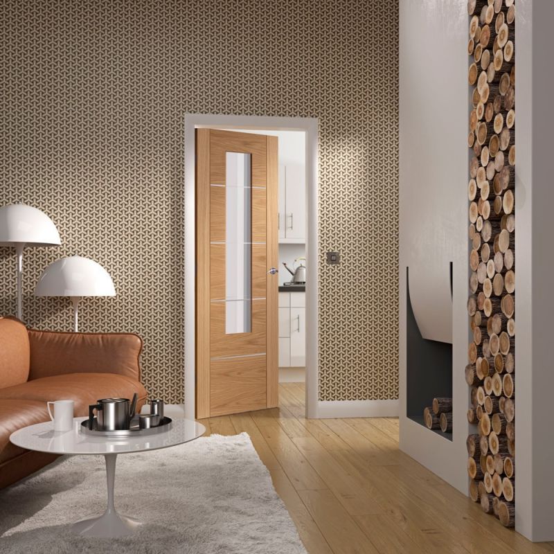 Internal Oak Portici (CLEAR GLASS ETCHED LINES) & Aluminium Inlay Pre-Finished Door - Image 2