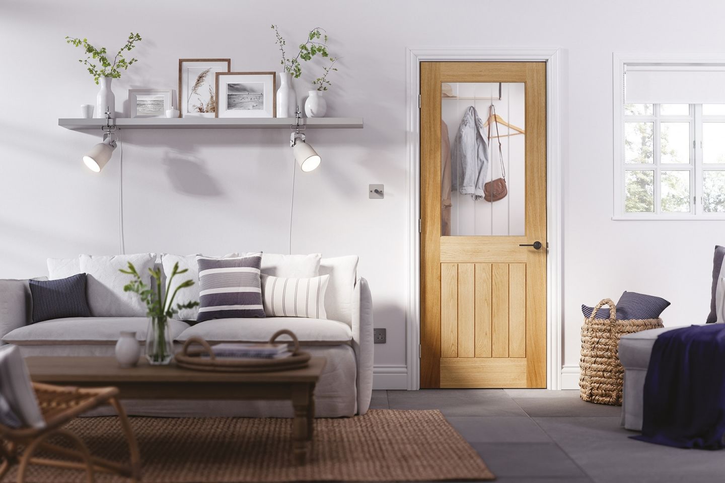 Internal Oak Belize (CLEAR GLASS ETCHED LINES) Solid Core Un-Finished Door - Image 2