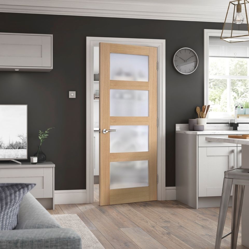 Internal Oak Shaker (OBSCURE GLASS) Pre-Finished Solid Core Door - Image 2