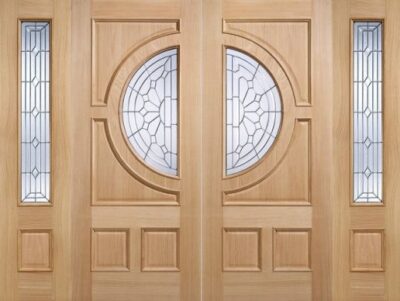 External Oak Empress Pair (ZINC CLEAR BEVELLED GLASS) & Matching Sidelights Un-Finished Door