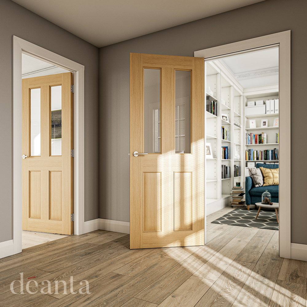 Internal Oak Bury (CLEAR FLAT GLASS) Pre-Finished FD30 44mm Fire Door - Image 2