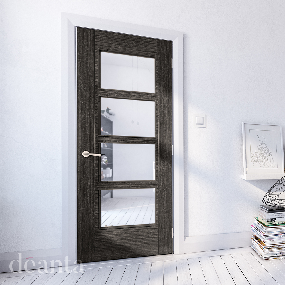 Internal Montreal Dark Grey Ash Veneer (CLEAR GLASS)Pre-Finished FD30 44mm Fire Door - Image 2