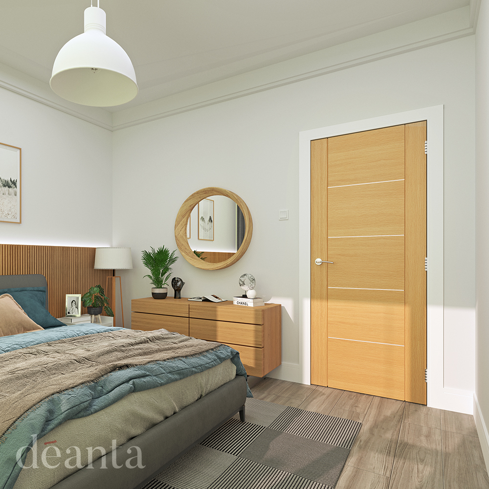 Internal Oak Valencia with Aluminum Inlays FD30 44mm Pre-Finished Fire Door - Image 2