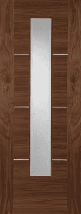 Internal Walnut Nova 1 Light With Aluminium Inlay Strip (CLEAR GLASS) Pre-Finished FD30 44mm Fire Door