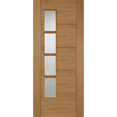 Internal Oak ISEO Offset 4 Light (CLEAR GLASS) Quarter Cut Pre-Finished FD30 44mm Solid Core Door