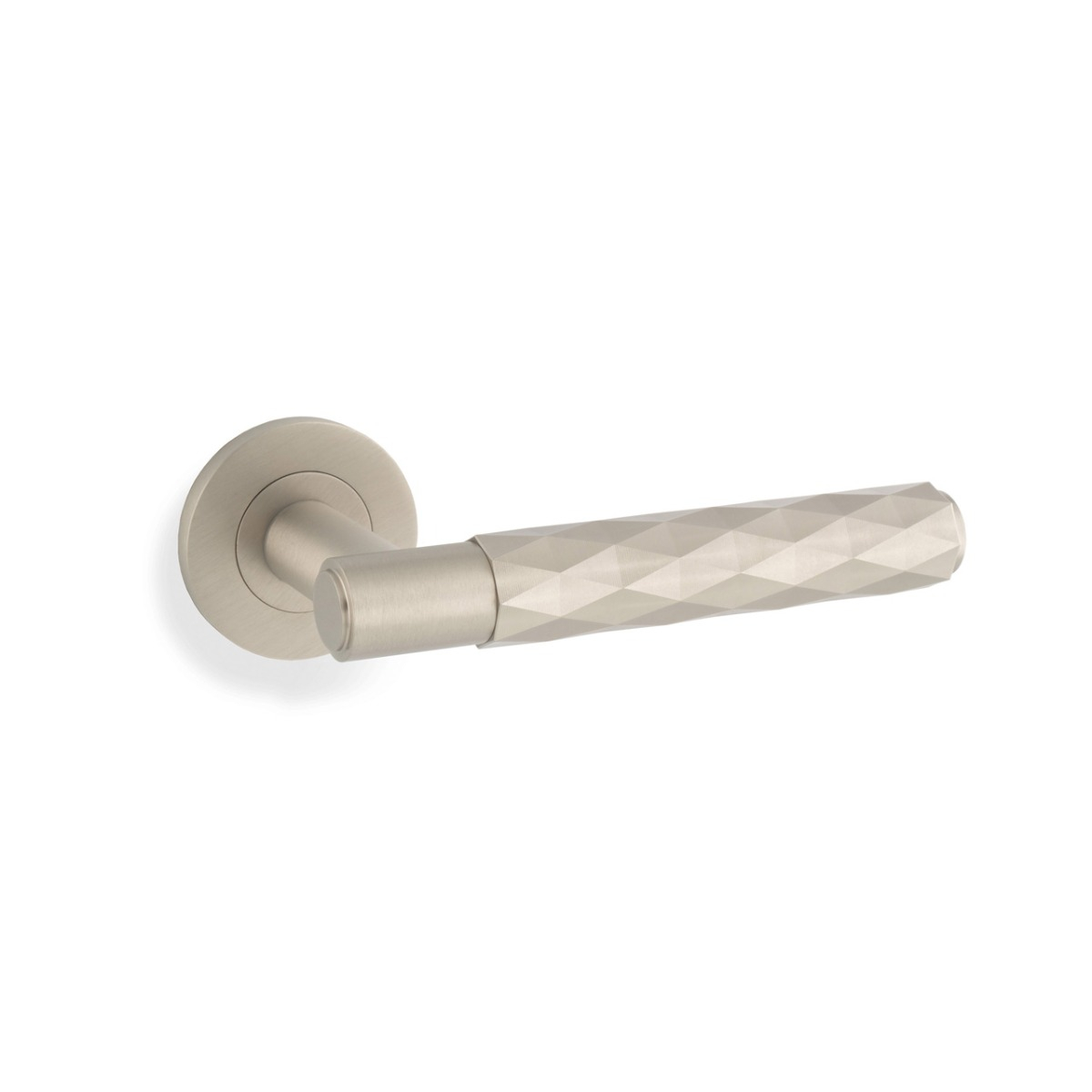Diamond Cut Spitfire Lever on Round Rose Satin Nickel